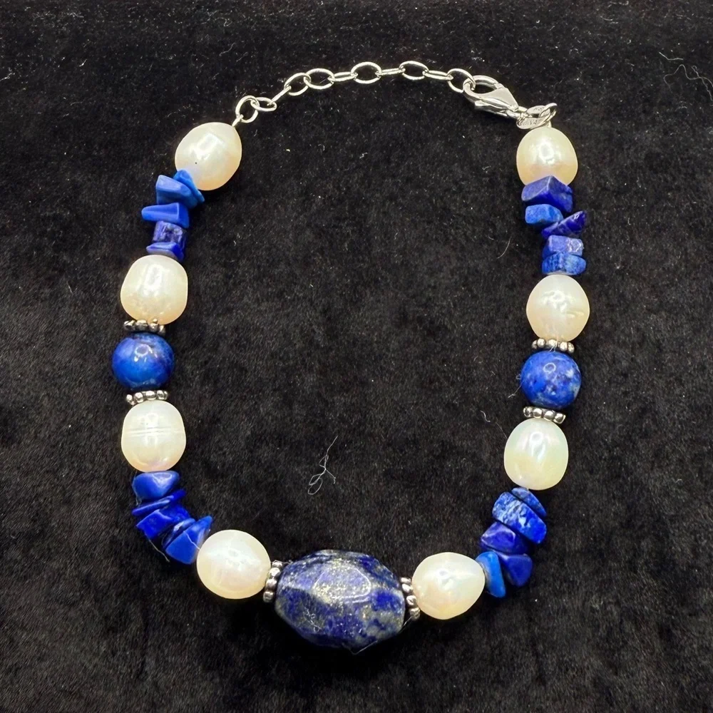 Ross-Simons Lapis Lazuli & Natural Pearl Sterling Silver Bracelets 9